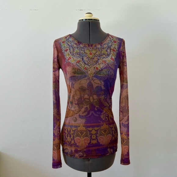 Vintage Y2K 90s 2000s S-Twelve purple graphic print mesh top size S - Picture 1 of 14